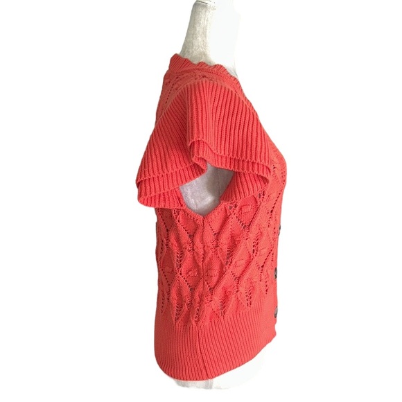 Marc New York Coral Pointelle Knit Ruffle Sleeve Button Cardigan in Cayenne M - Picture 4 of 10